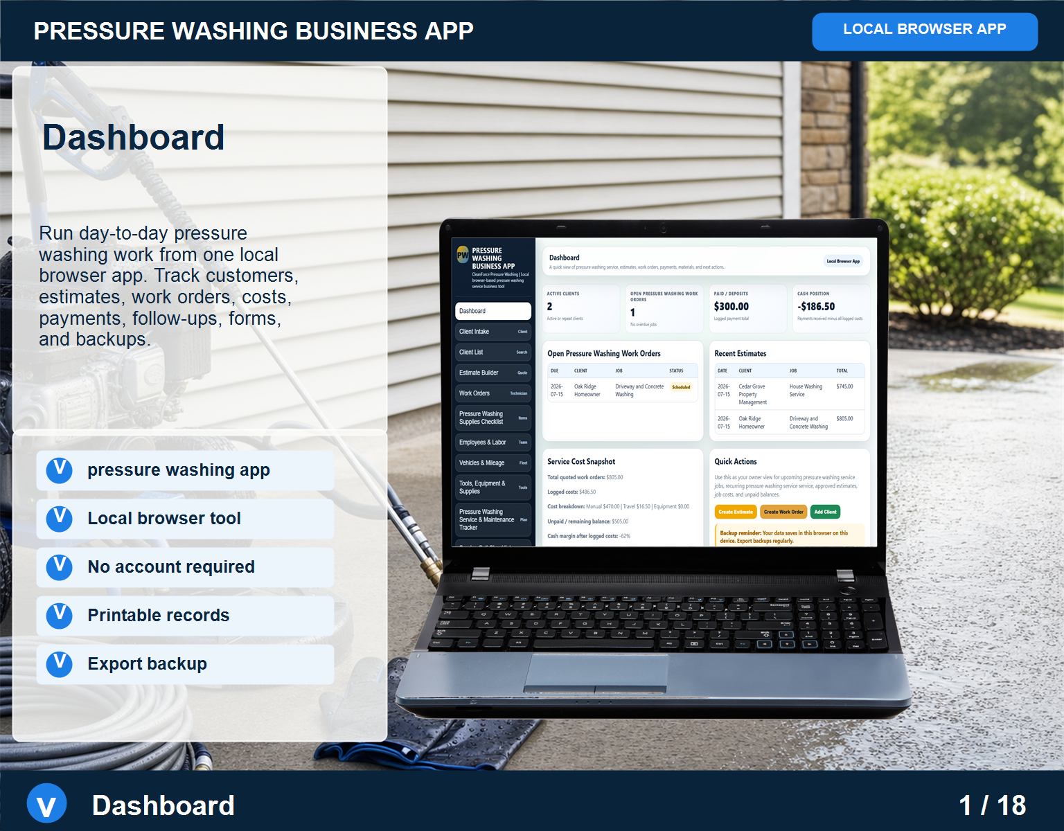 Pressure Washing business app Pressure Washing screen for service workflow management